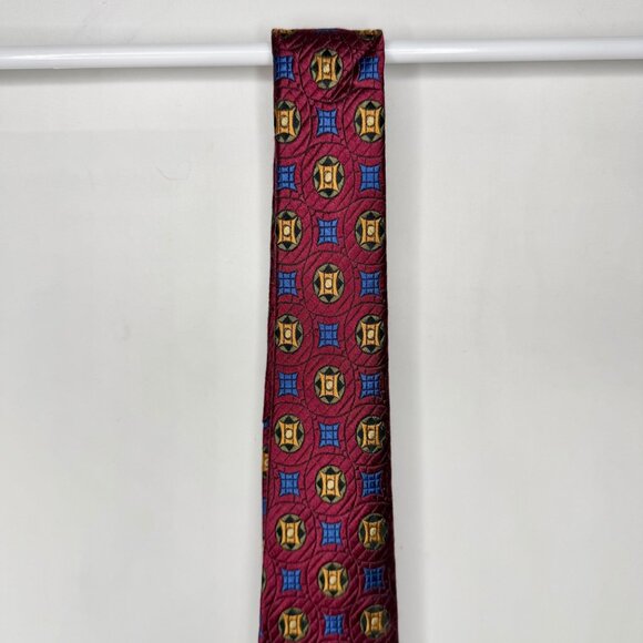 Vtg Beau Brummel SOHO Men’s Neck Tie 3 ½” Maroon Blue Gold Geometric 100% Silk - Picture 4 of 11